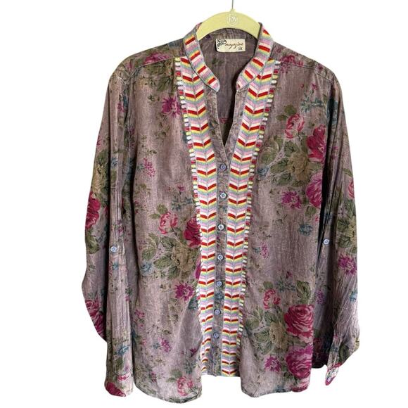 Pink and Green Floral boho button up size 1x - Picture 1 of 6